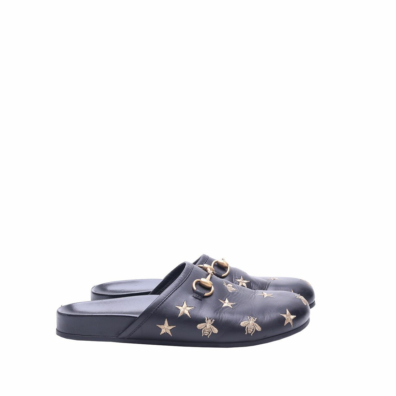 Gucci Horsebit Leather Bee and Star Black Sandals 