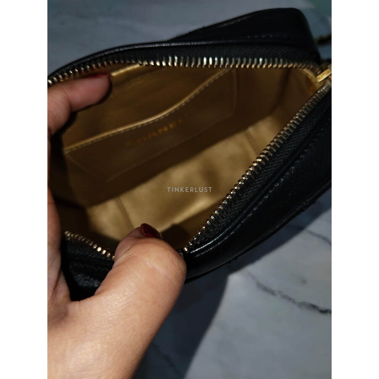 Chanel Camera Bag Pearl Crush Mini Black Chip GHW Sling Bag