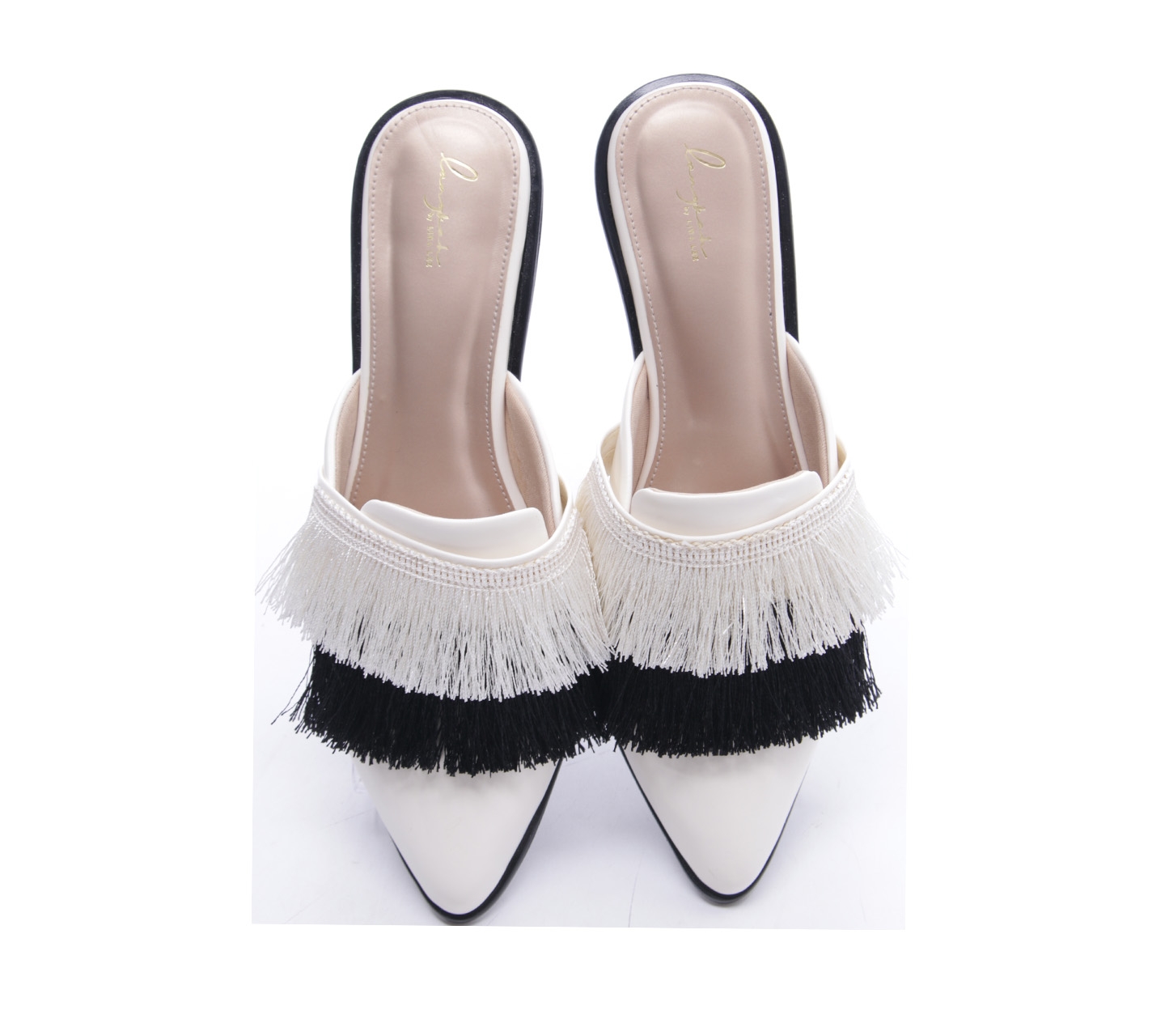Langka by Lina Lee Off White & Black Mules Tessel Sandals