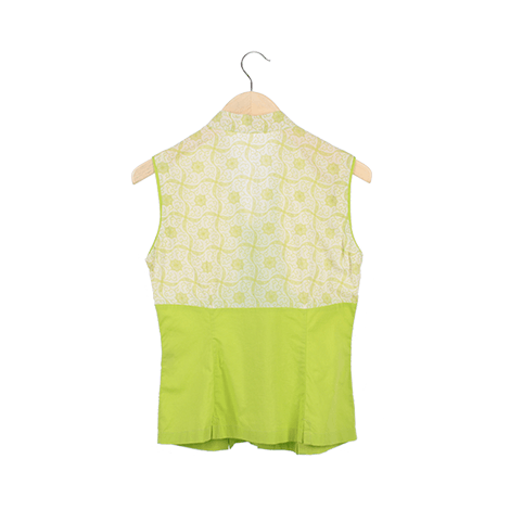 Green Floral Plunging Neck Sleeveless Blouse