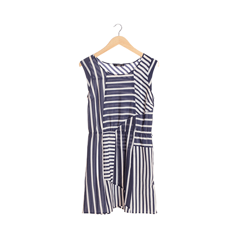 Blue and White Striped Elasticized Waist Midi Dress
