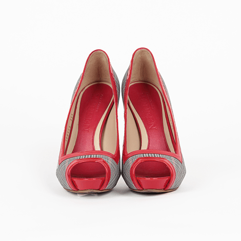 Alexander McQueen Grey Plaid and Red Leather Peep Toe Heels