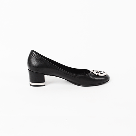 Tory Burch Amy Pump Black Leather Heels with Silver Logo