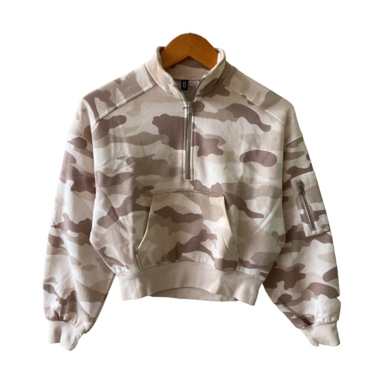 H&M Neutral Camo Crop Zipper Mock Neck Sweatshirt