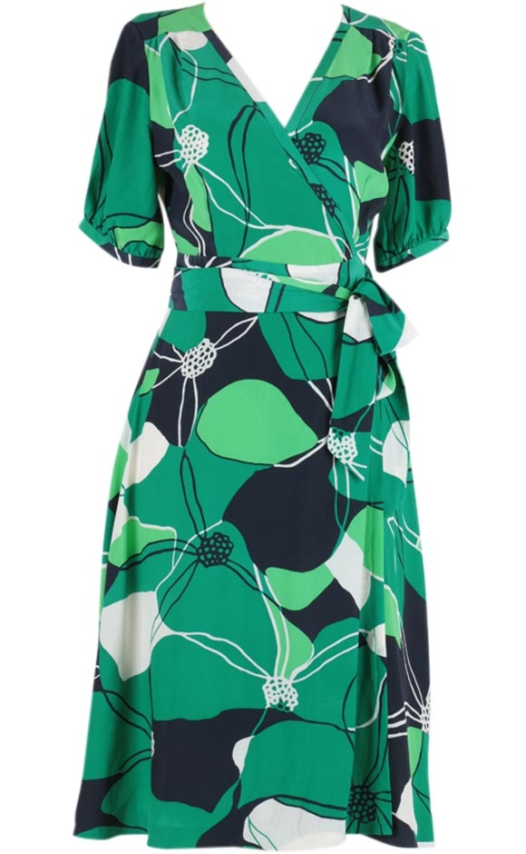 Green and White Slip & Floral Printed Wrap Dress