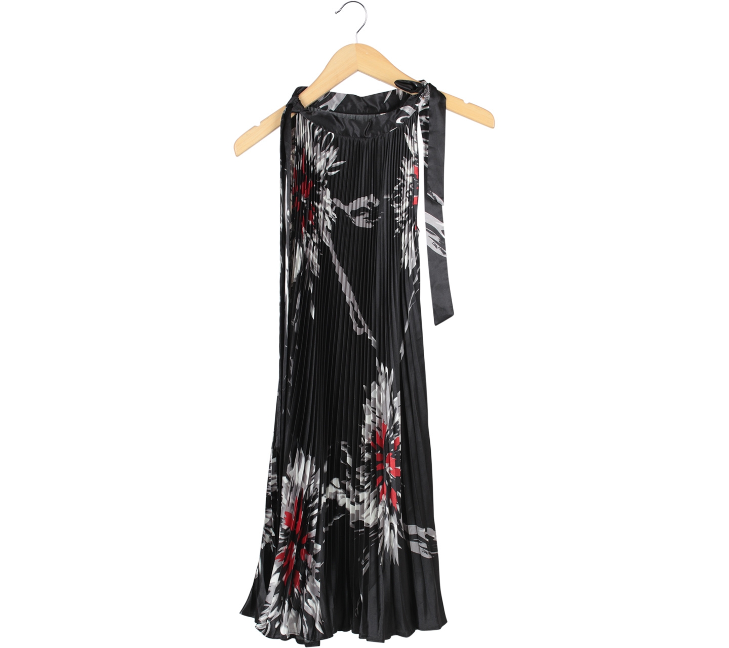 Black Floral Pleated Halter Mini Dress