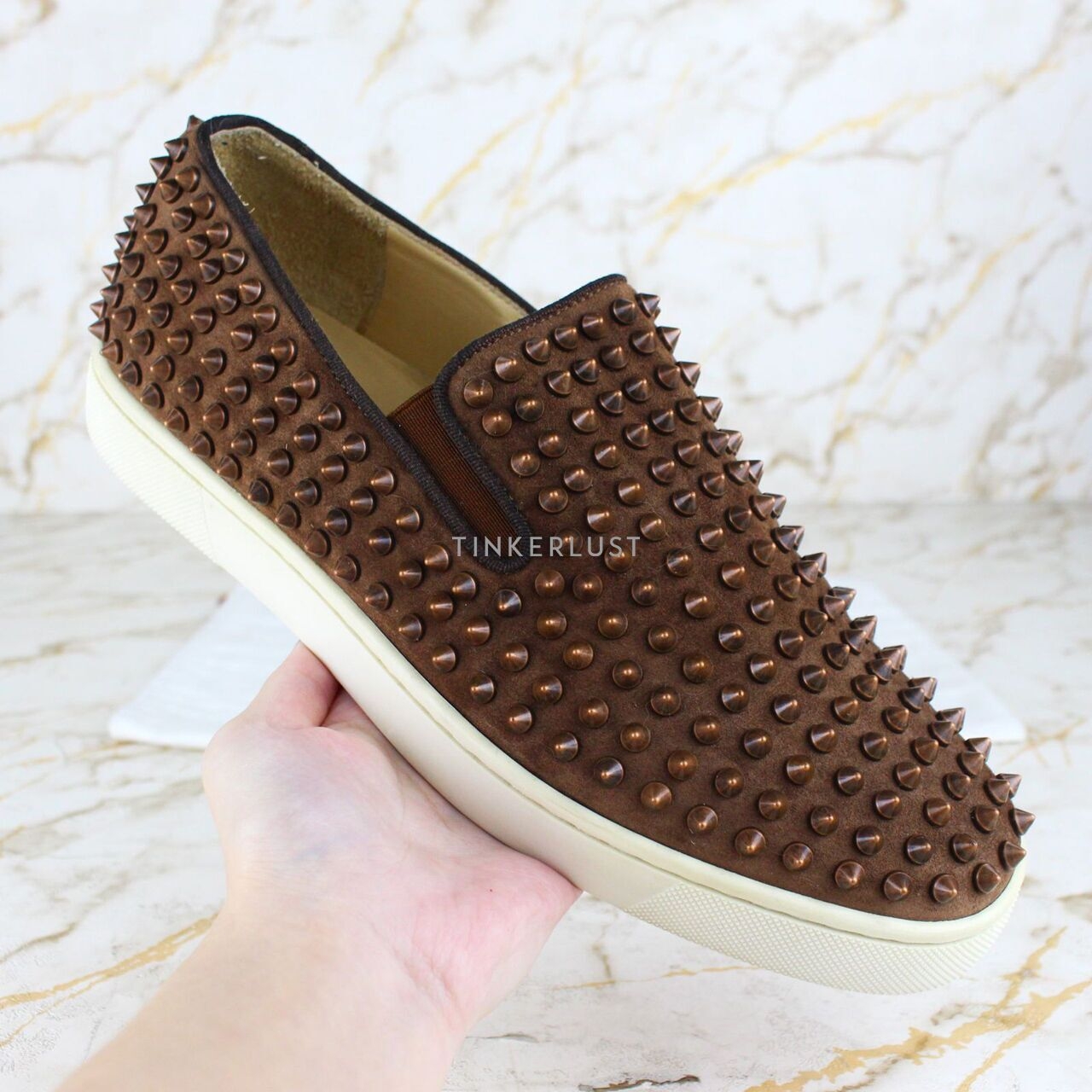 Christian Louboutin Rollerboat Bronze Slip On Suede Sneakers