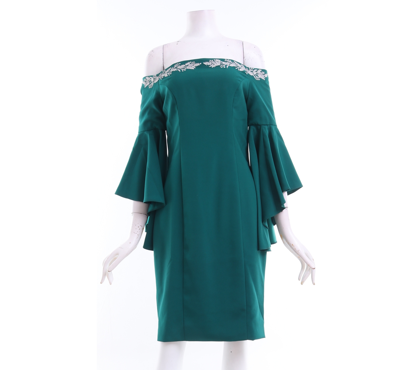 Charlotta Atelier Green Flare Off Shoulder Mini Dress