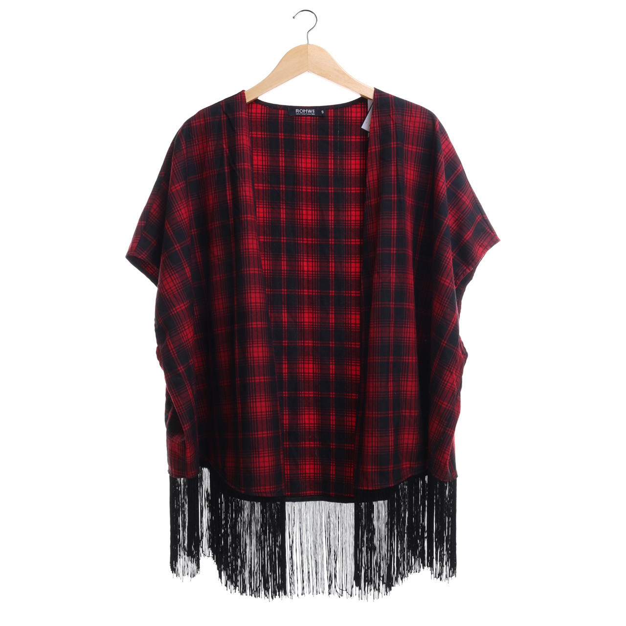 Romwe Red Plaid Fringe Outerwear