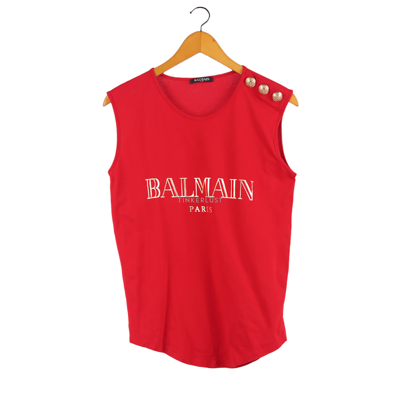 Balmain Red Logo Printed Cotton Shoulder Button Detail Sleeveless T-Shirt 