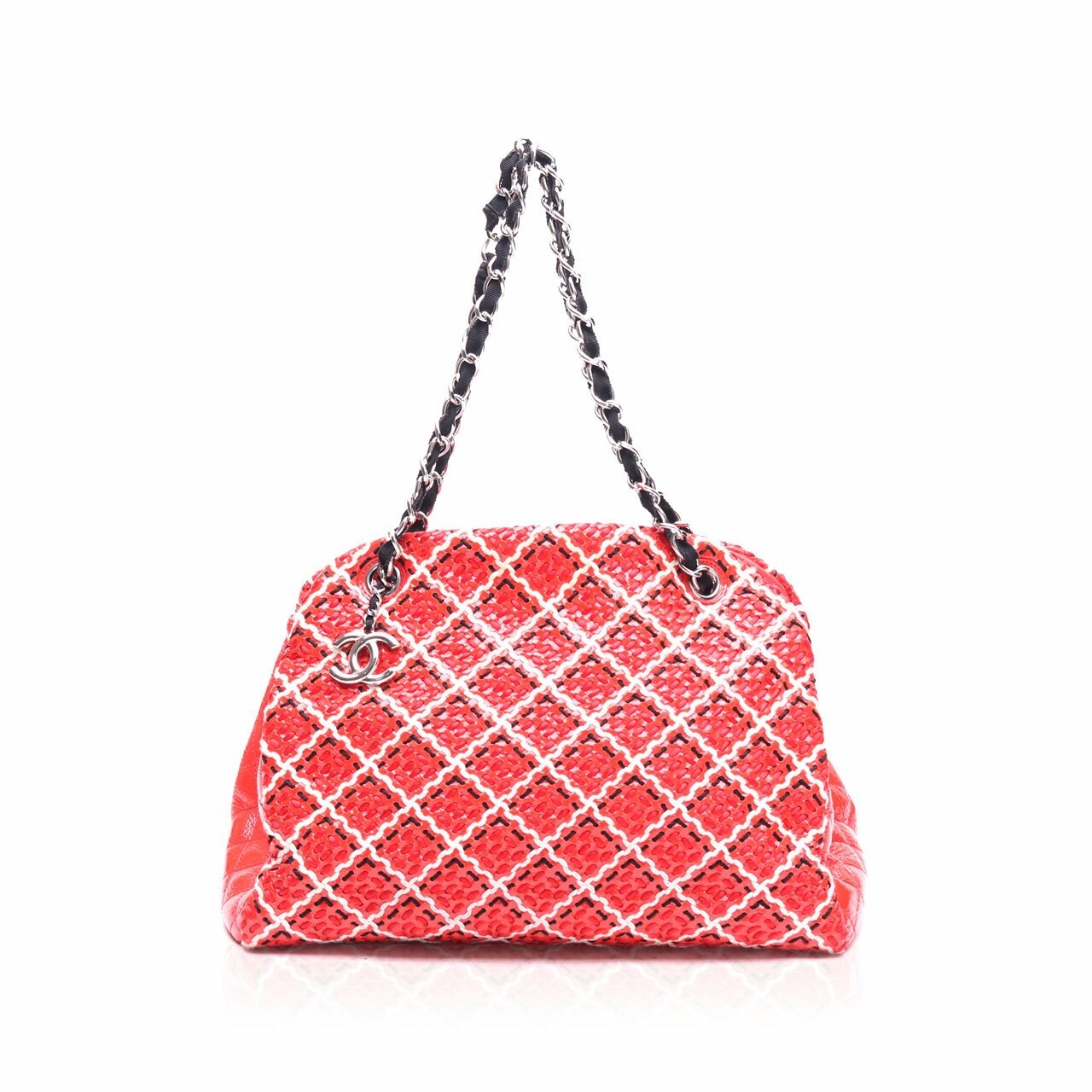 Chanel Red Woven Fabric Patent Leather Diamond Stitch Just Mademoiselle Bowling Shoulder Bag