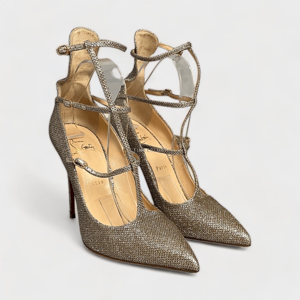 Christian Louboutin Gold Sparkle Leather Toerless Muse Strap Heels