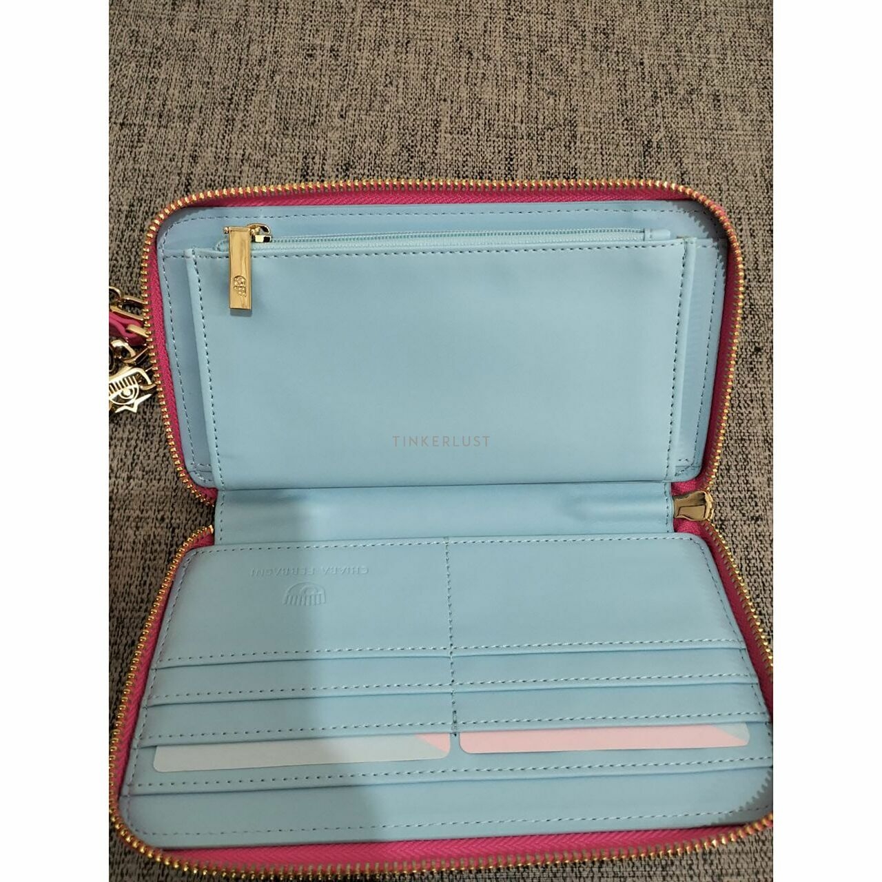Chiara Ferragni Zipper Wallet On Chain WOC Eye Star in Shocking Pink, inside Soft Blue Sling Bag