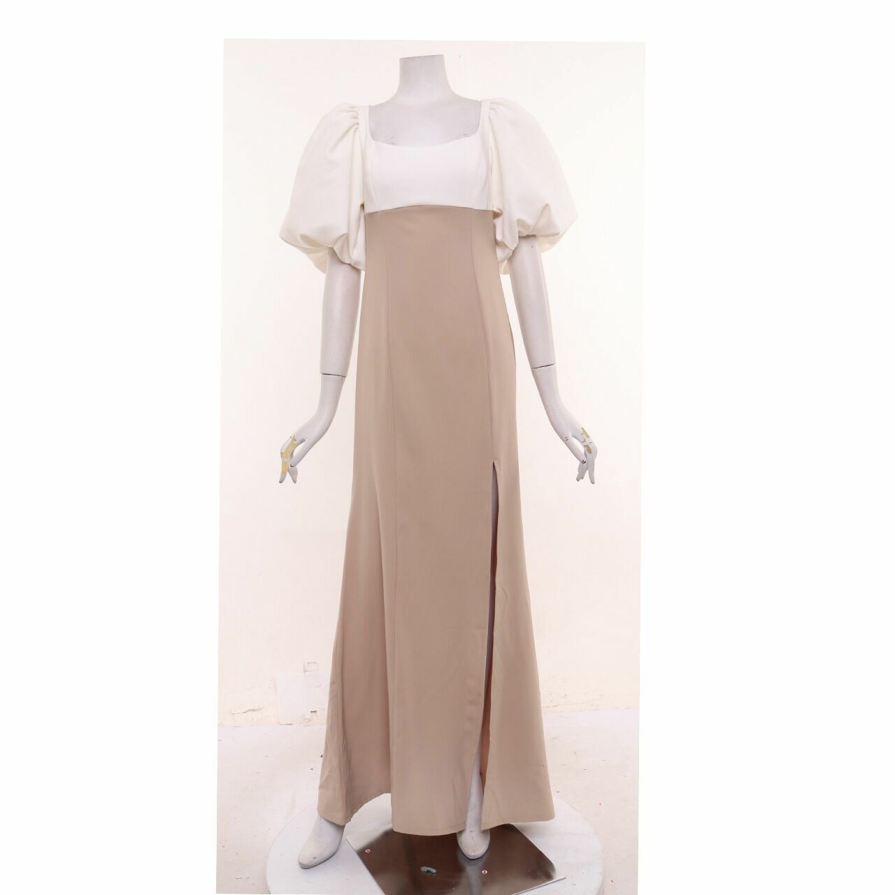 Malika By Modelano Beige & White Slit Long Dress