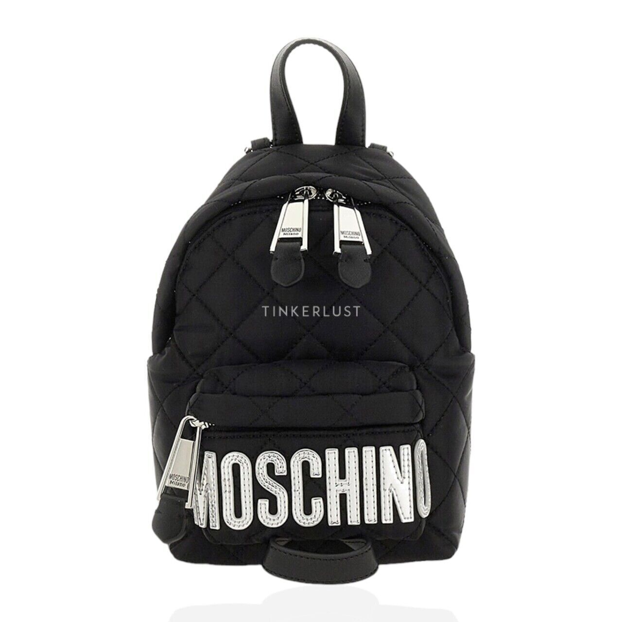 Moschino Bebeboo Logo Backpack in Black Quilted with Silver Logo