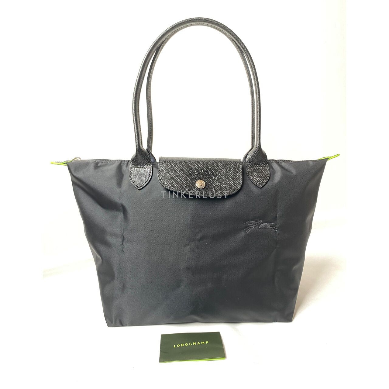 Longchamp Le Pliage Green Small Long Handle Black Tote Bag