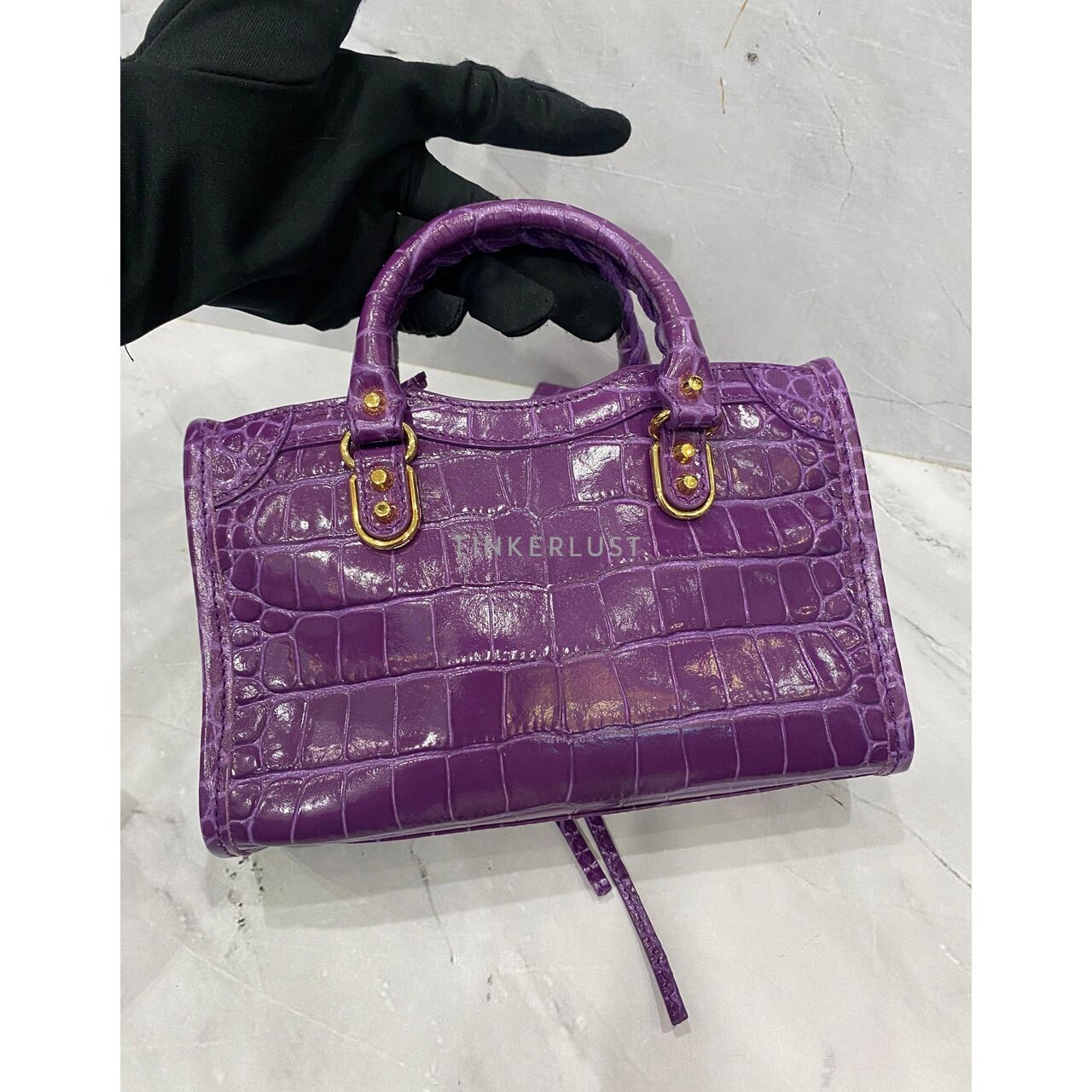 Balenciaga Nano City Edge Croco Embossed Leather Purple GHW Satchel