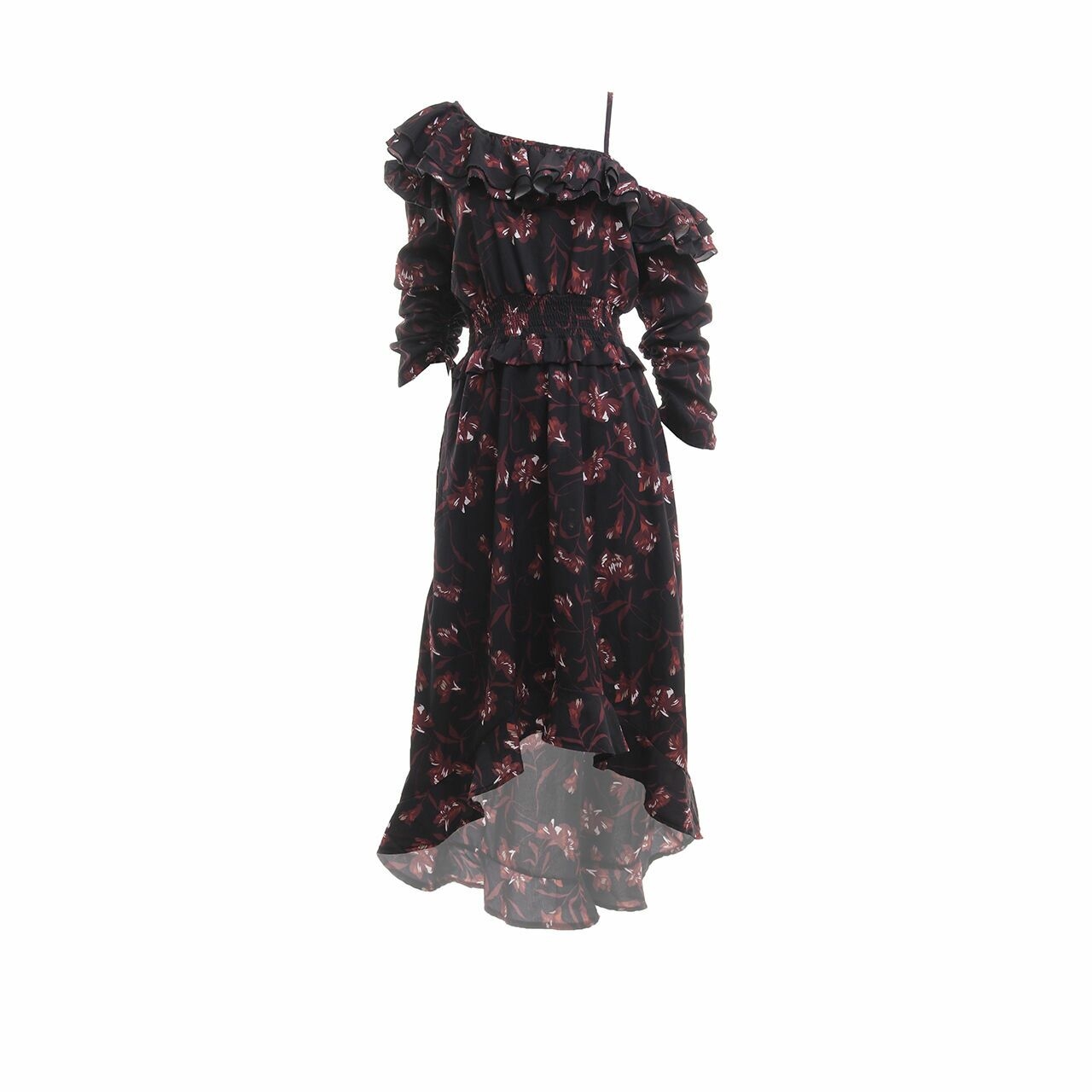 Ghospell Black Floral Midi Dress