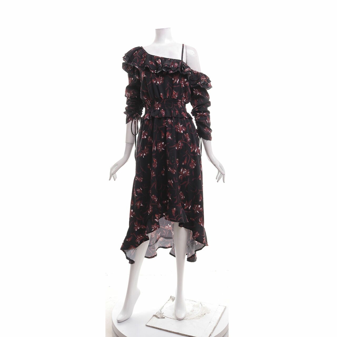 Ghospell Black Floral Midi Dress