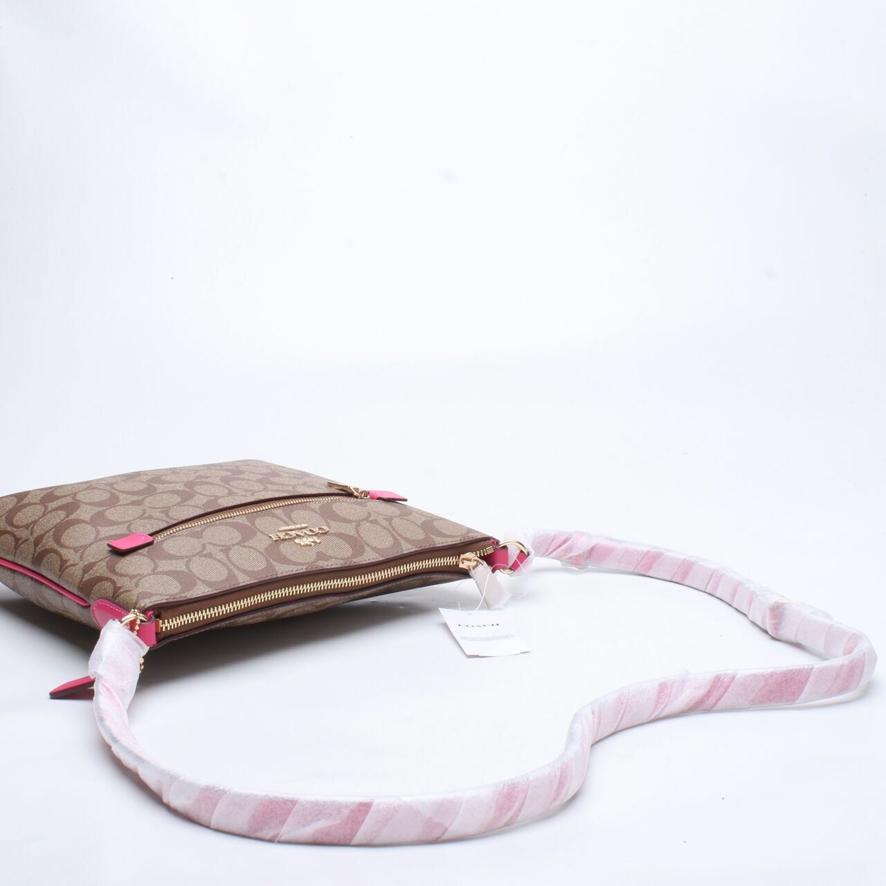 COACH C1554 Signature Rowan File Bag Khaki Bold Pink