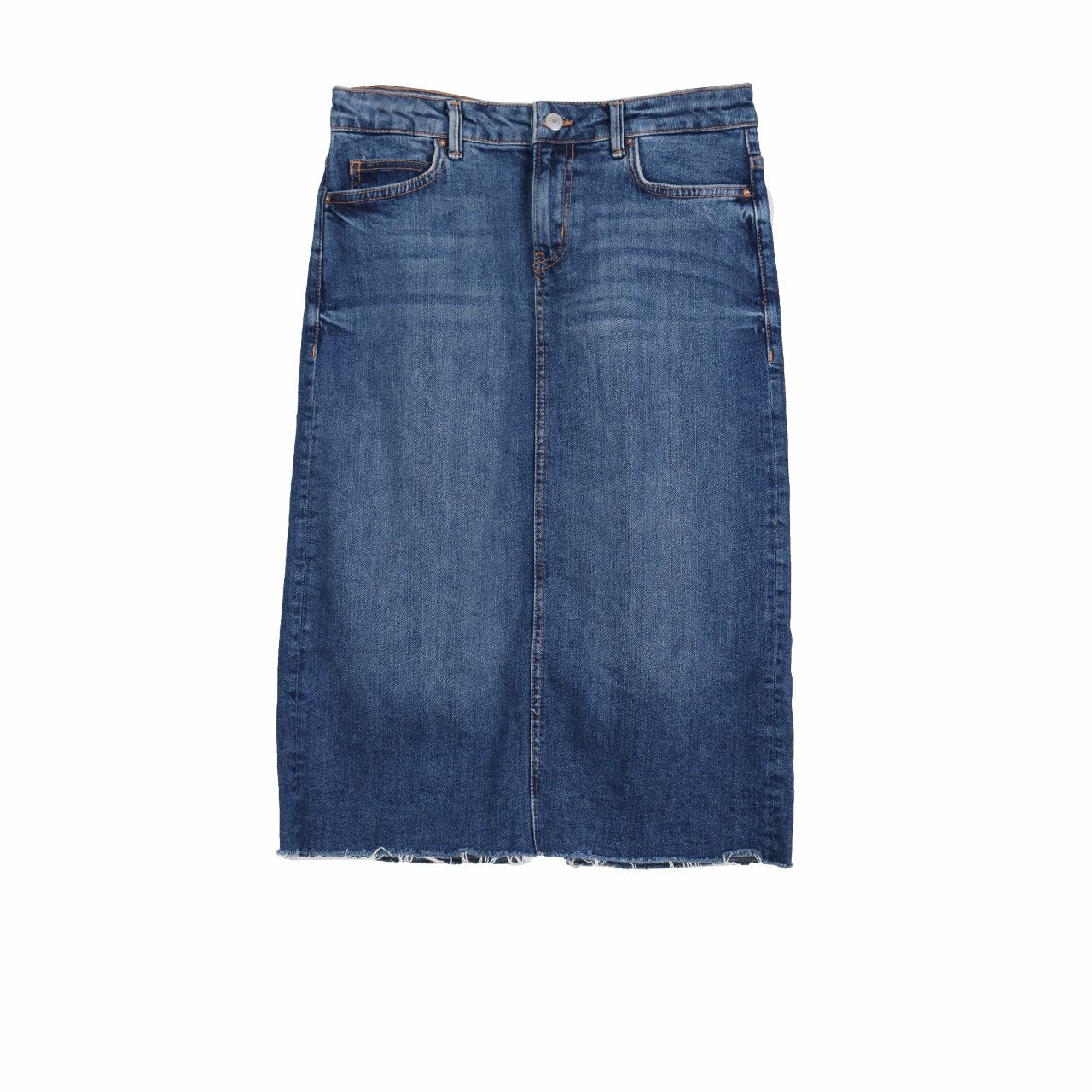 Zara Denim Unfinished Midi Skirt