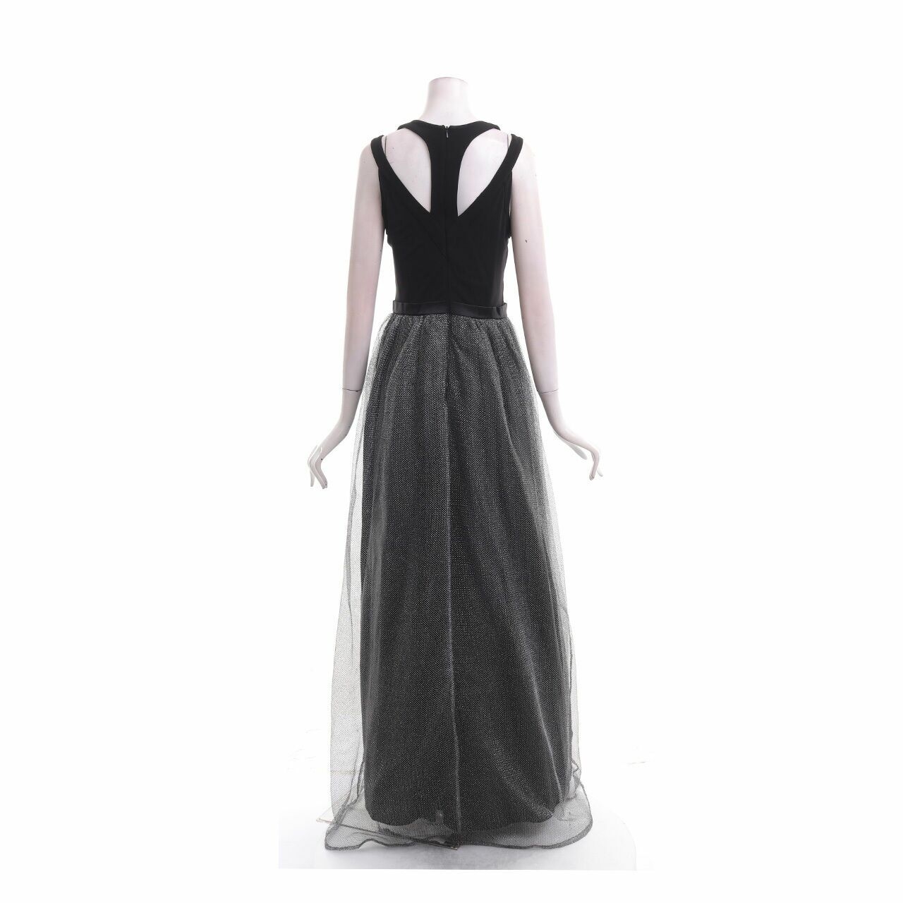 Aidan Mattox Silver/Black Tulle Long Dress