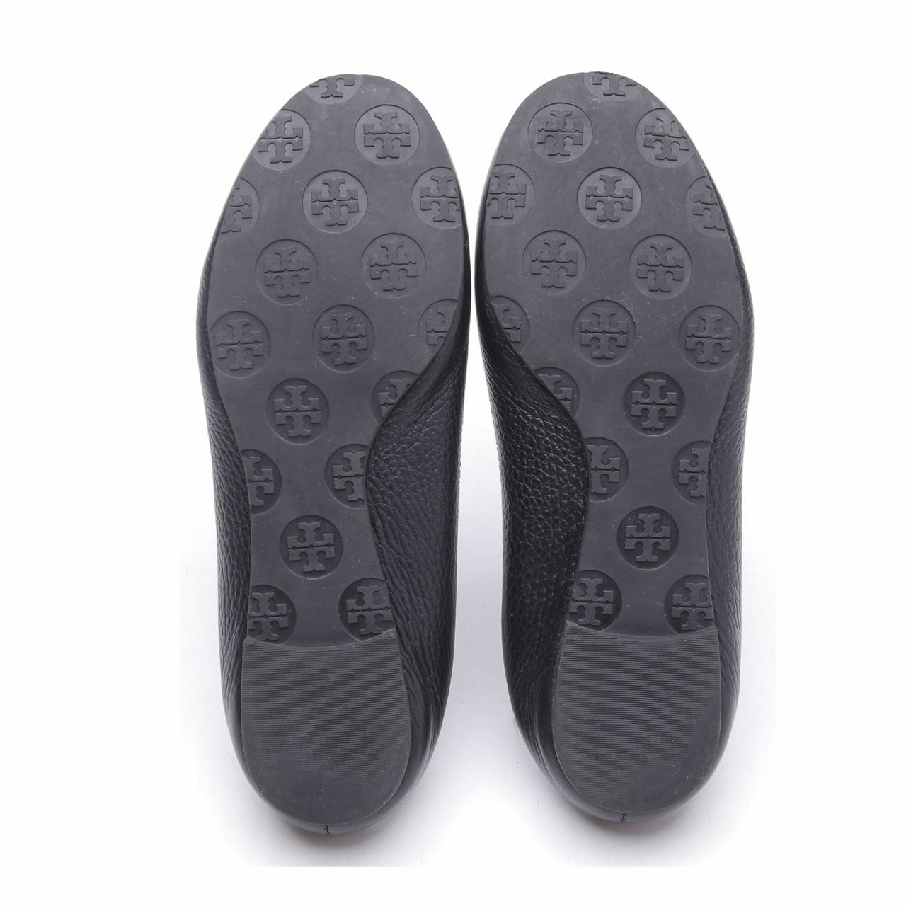 Tory Buch Black Reva Tumbled Leather Tonal Logo Flat Shoes