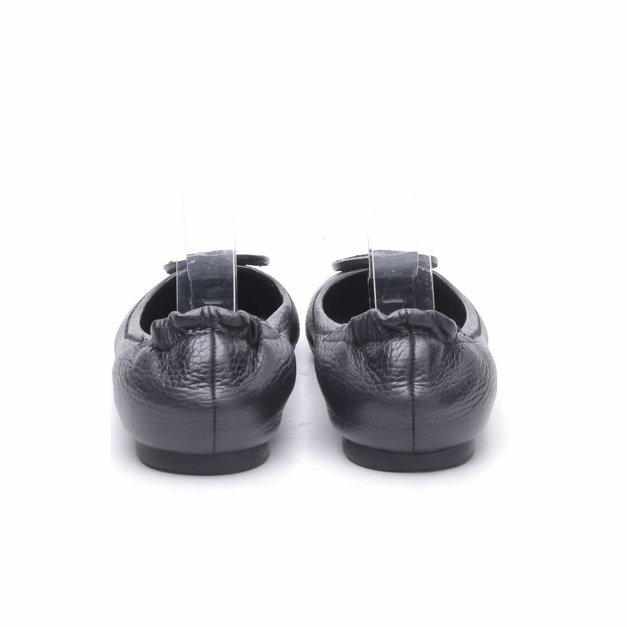 Tory Buch Black Reva Tumbled Leather Tonal Logo Flat Shoes