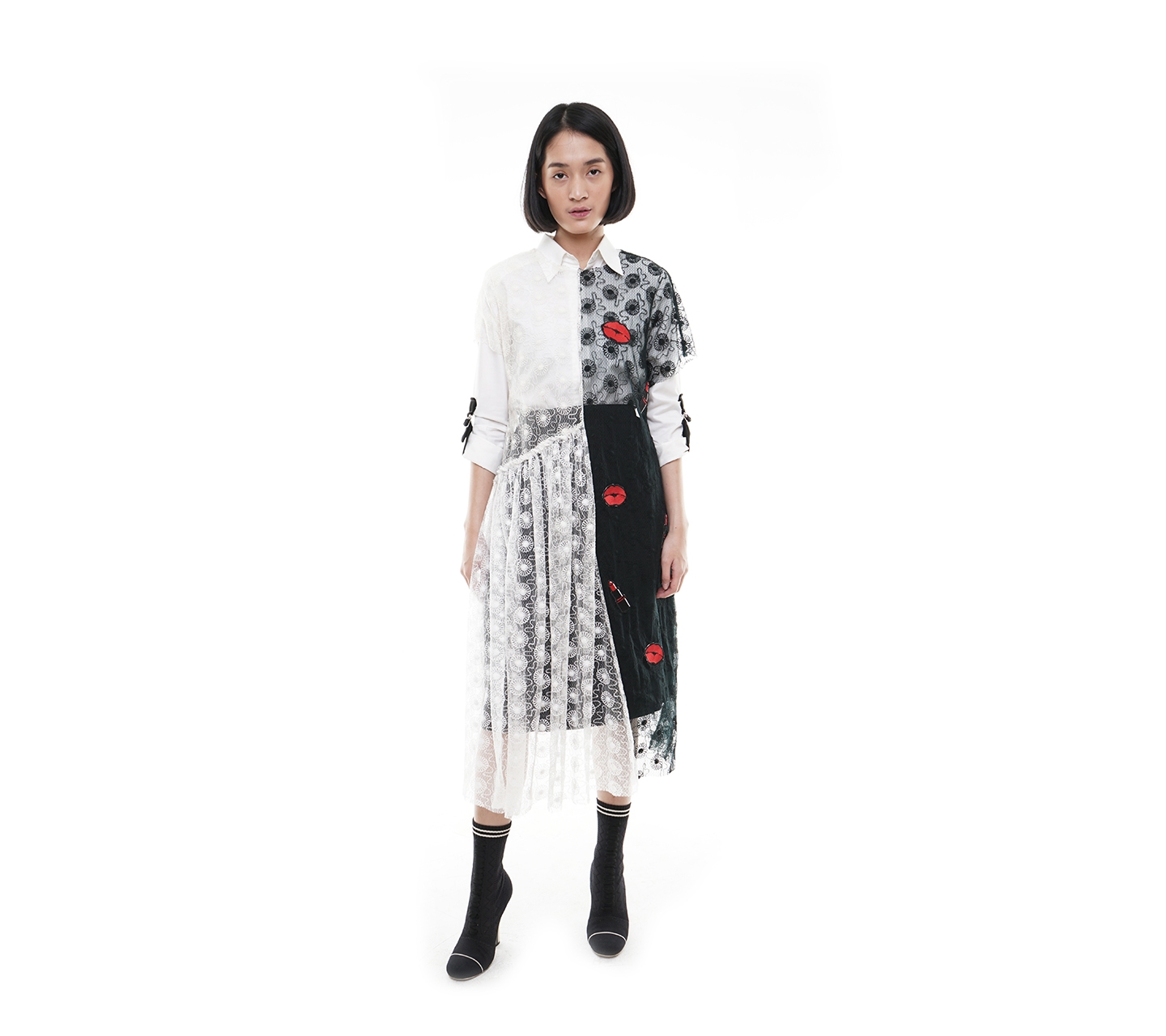 Jenahara Black and White Lace Patches Midi Dress