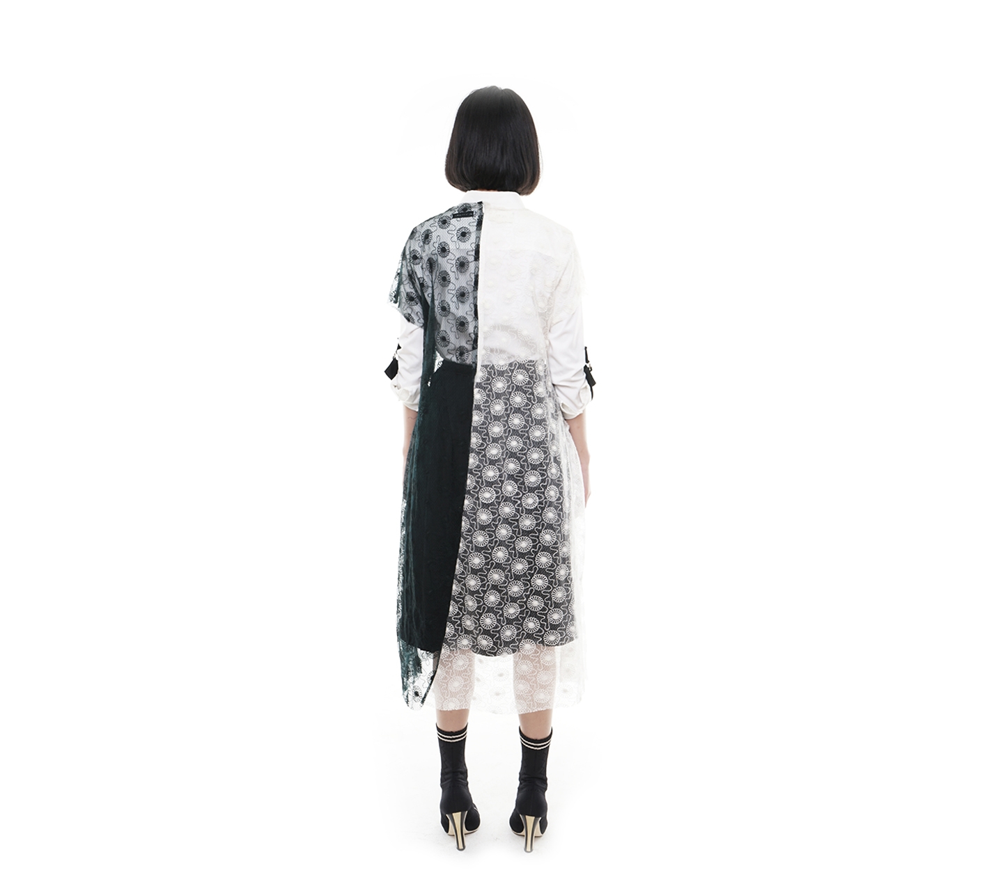 Jenahara Black and White Lace Patches Midi Dress