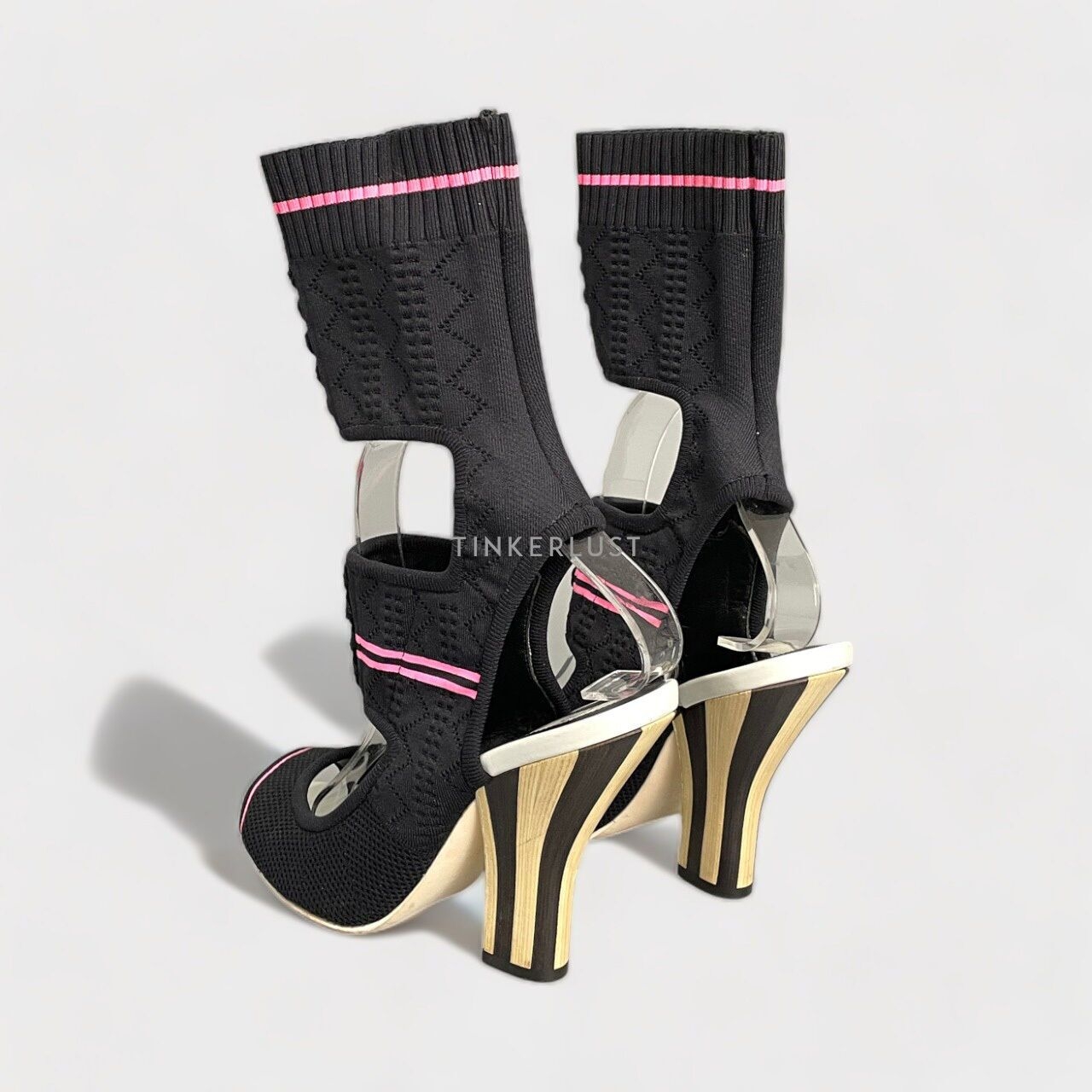 Fendi Knit Rockoko Peep Toe Cut Out Openwork Sock Black Heels