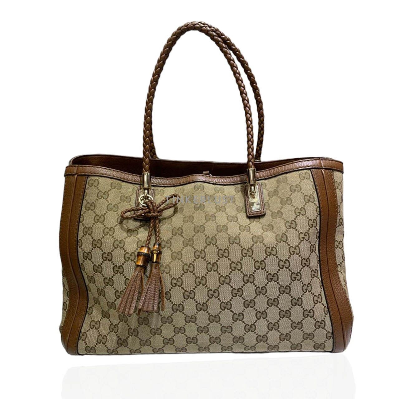 Gucci Bella Bamboo Canvas Leather Brown Tote Bag