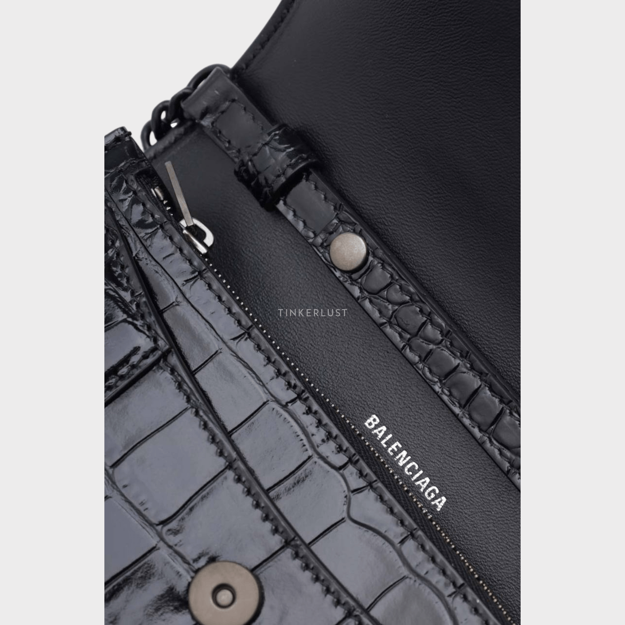 Balenciaga Hourglass Wallet on Chain in Black Shiny Croco Embossed BHW Sling Bag