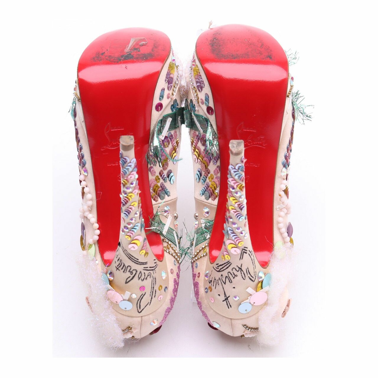 Christian Louboutin Cream Satin Bead, Crystal And Sequin Embellished Lady Peep Toe Platform Pumps Heels