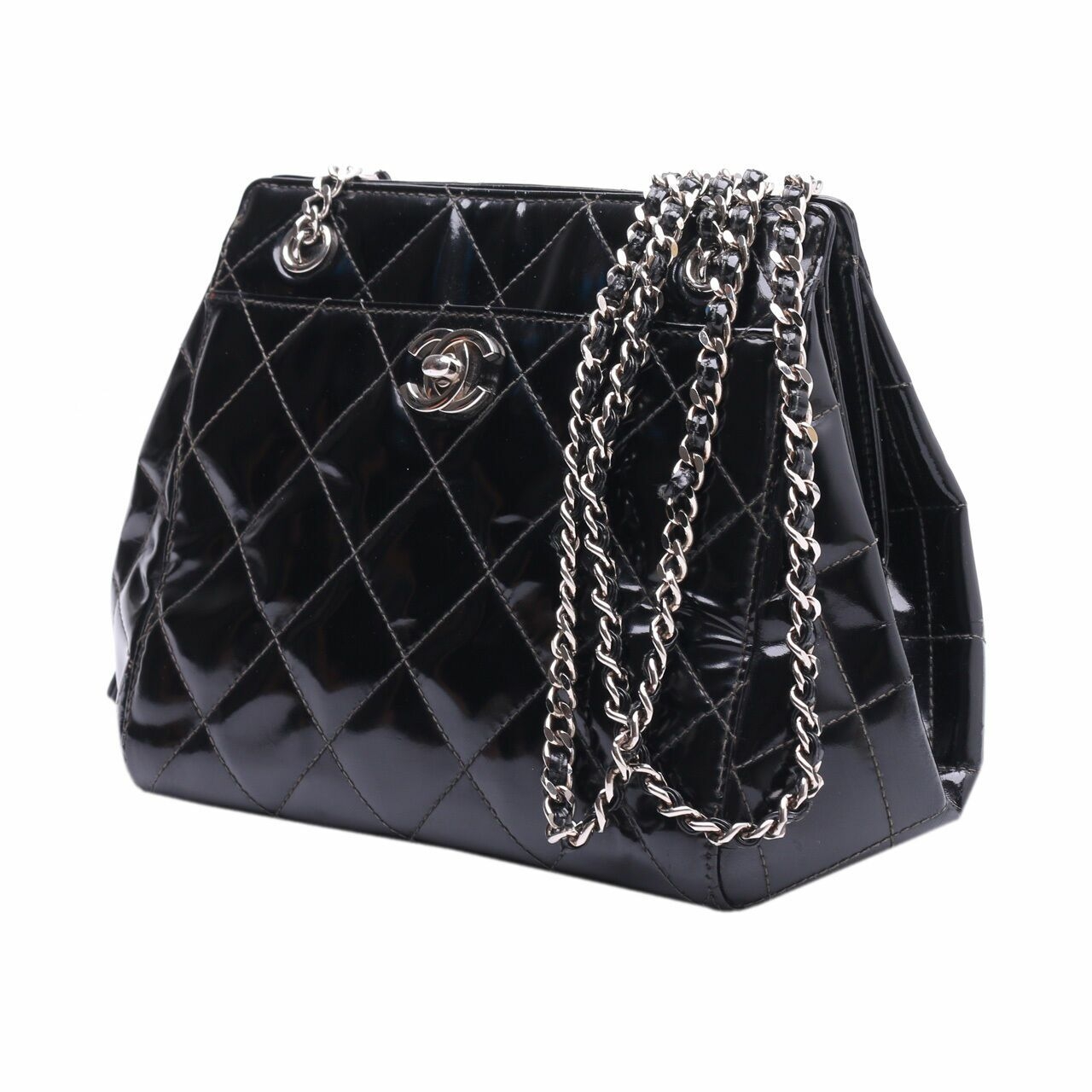 Chanel Quilted Black Patent Leather Sling Bag
