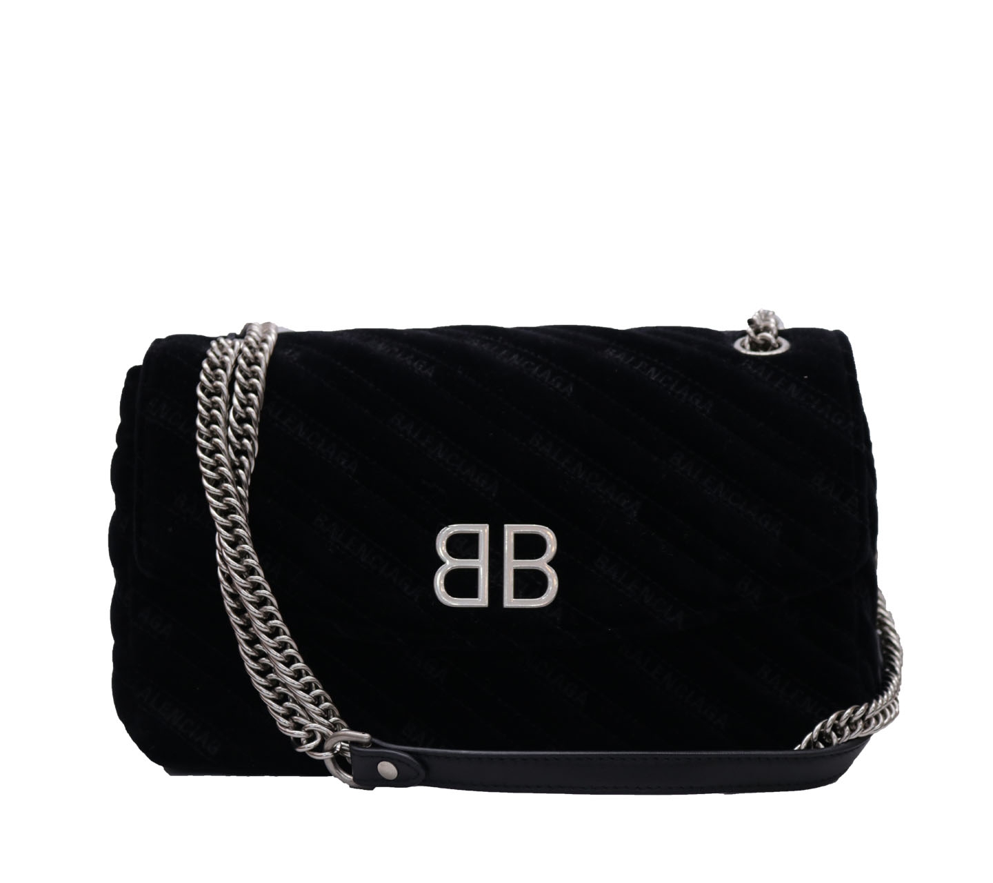 Balenciaga Black BB Round Eembroidered Quilted Velvet Shoulder Bag 
