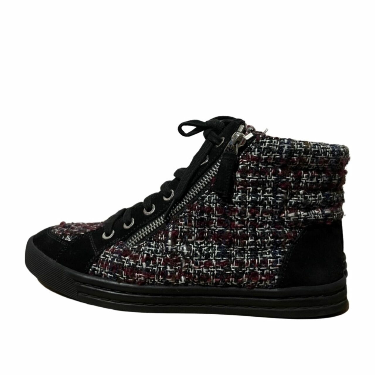 Chanel Tweed Lace Up High Top Sneakers