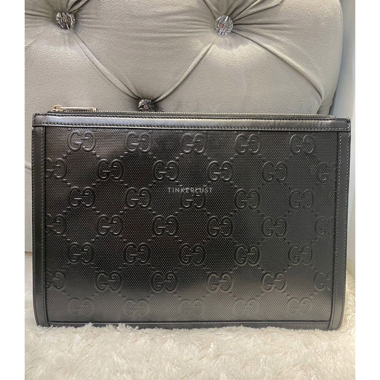 Gucci GG Embossed Black Leather Clutch