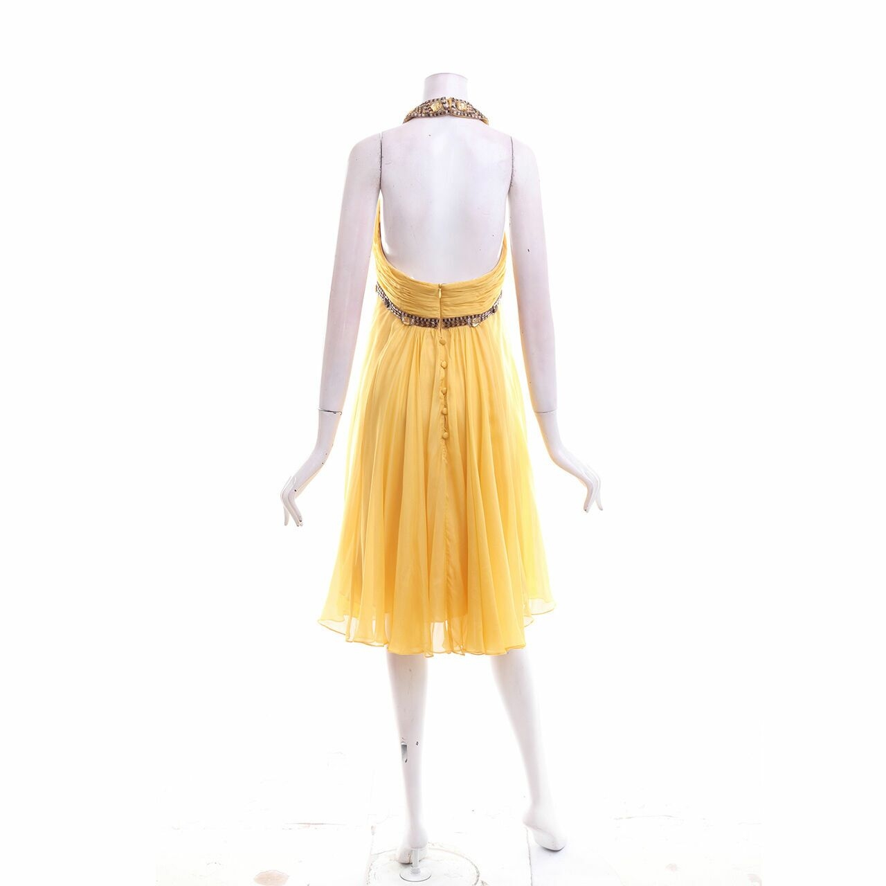Sebastian Cristina Yellow Halterneck Beaded Mini Dress