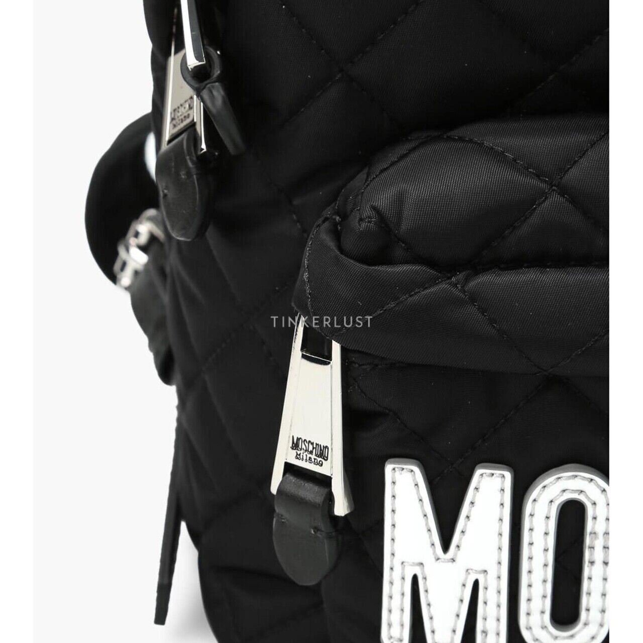 Moschino Medium Backpack in Black Quilted with Silver Logo