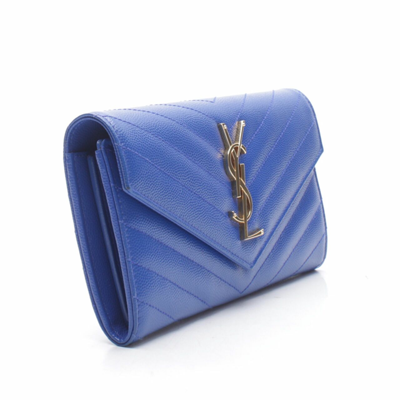 YSL Grained Leather Blue GHW Flap Wallet