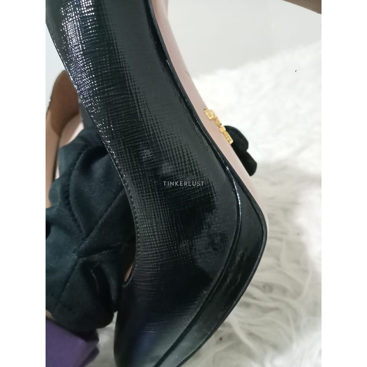 Prada Black Round-Toe Black Patent Saffiano Heels
