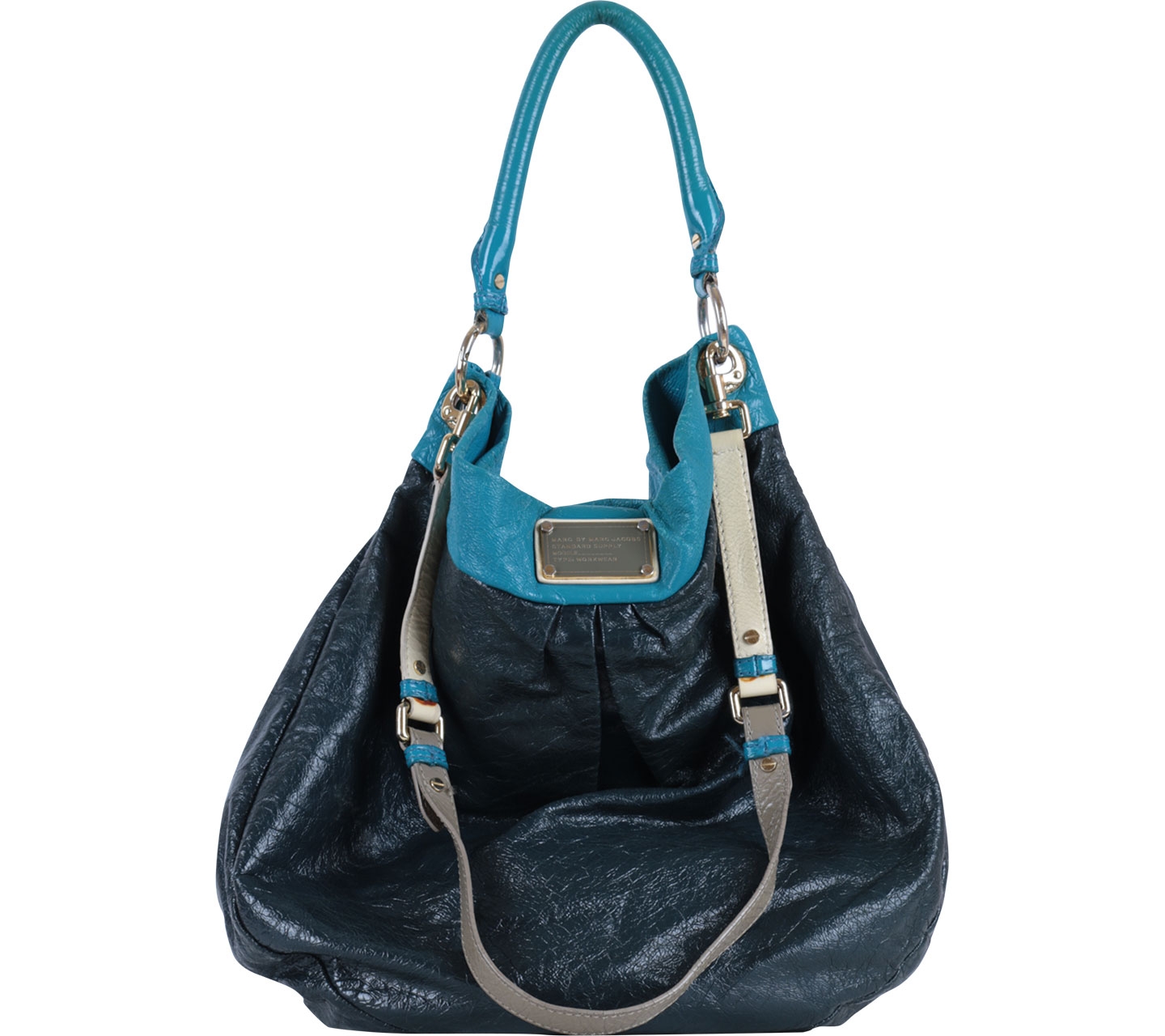Marc Jacobs Black Blue Trim Crunched Leather Handbag
